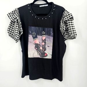 Ko Ko Ailis Pearl Embellished Graphic Tee |‎ Gingham Ruffle Sleeves | Size 3X